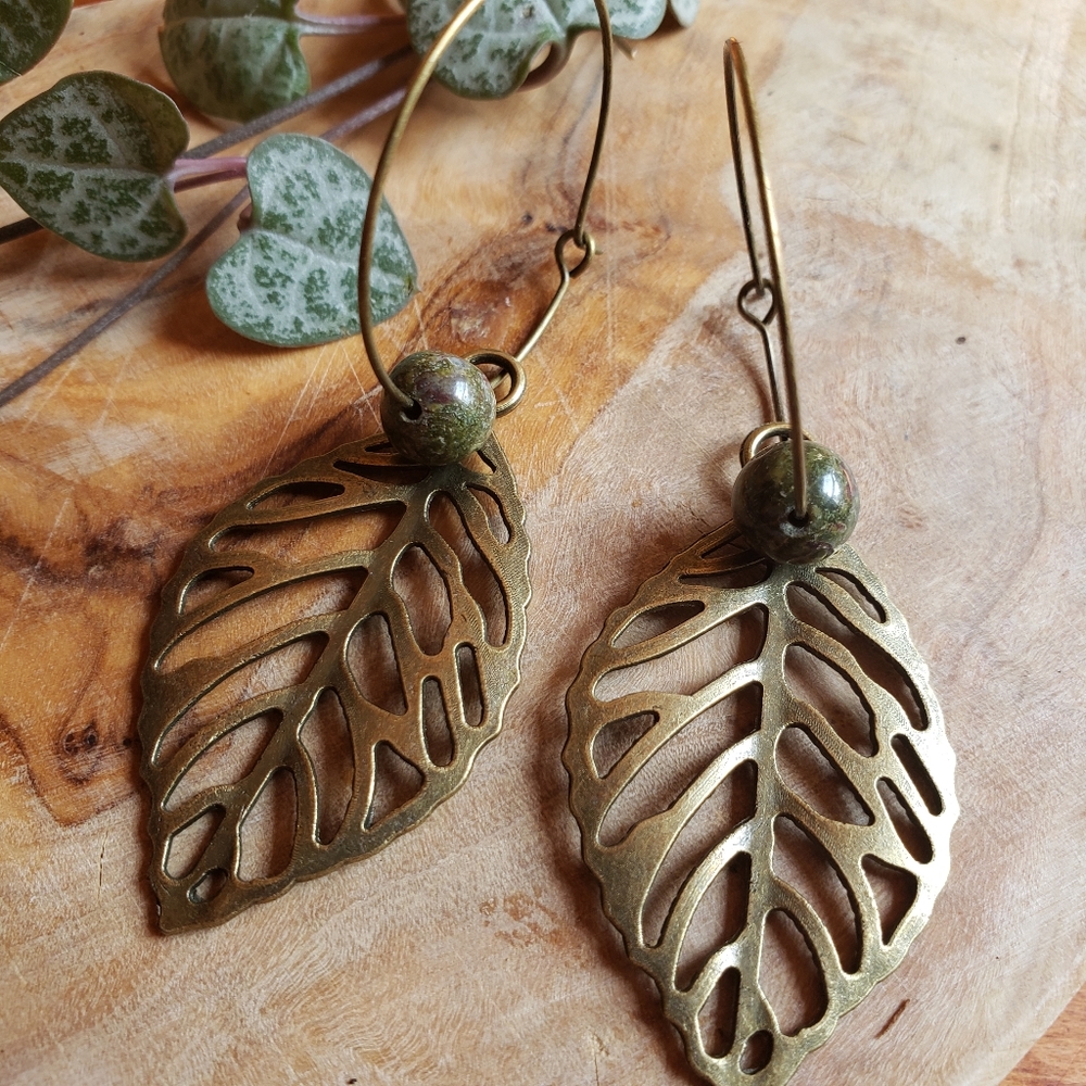 Handmade Rustic Antique Bronze Leaves Dragon Stones Hoops Earrings